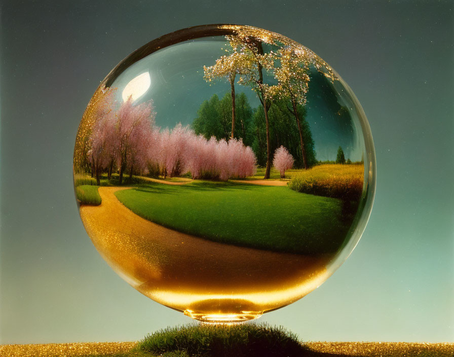 Cherry blossom trees in transparent sphere with pathway and blue sky