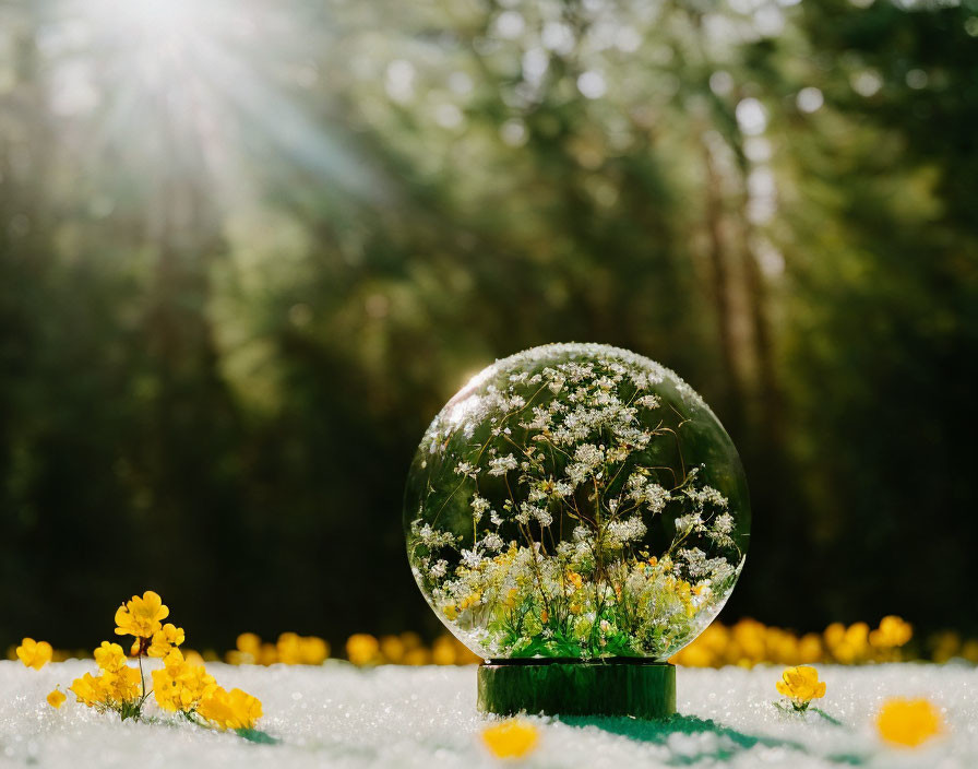 Crystal Ball Reflects White Blossoms on Wood Among Yellow Flowers and Sunlit Trees