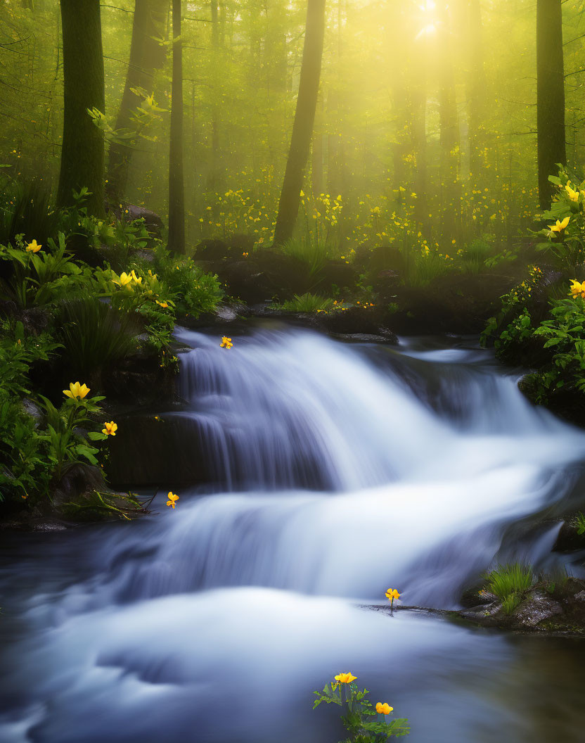 Tranquil forest scene with waterfall, sunlight, and yellow flowers