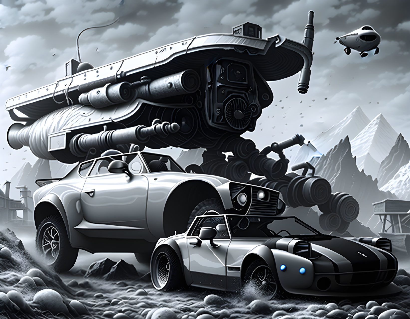 Monochrome futuristic scene with sleek cars, hovering ship, drones, and mountains