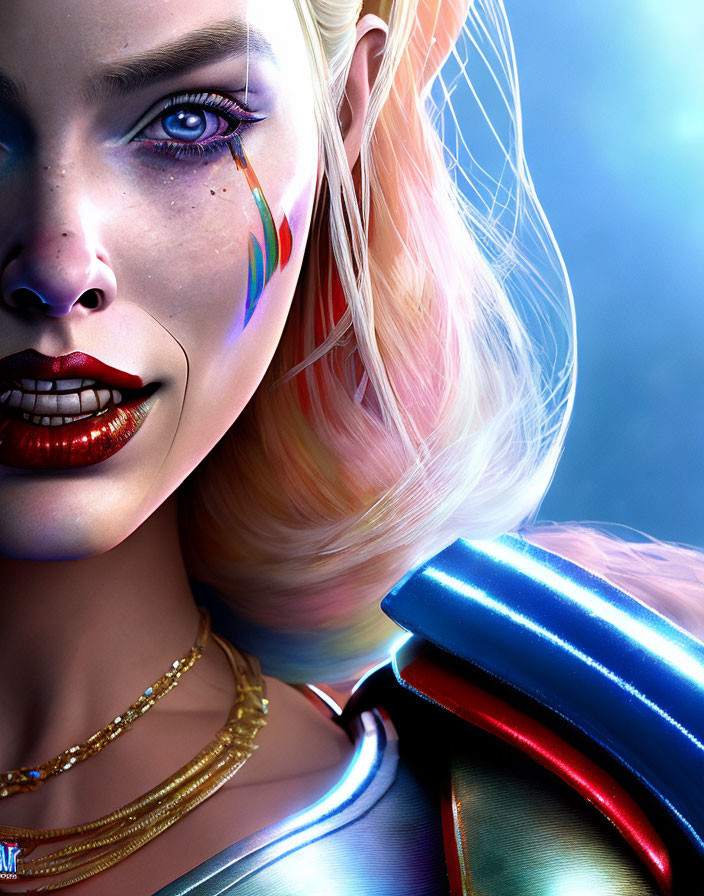 Stylized woman with blue eyes, blonde hair, rainbow face paint, gold jewelry, metallic outfit