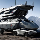 Monochrome futuristic scene with sleek cars, hovering ship, drones, and mountains