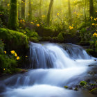 Tranquil forest scene with waterfall, sunlight, and yellow flowers