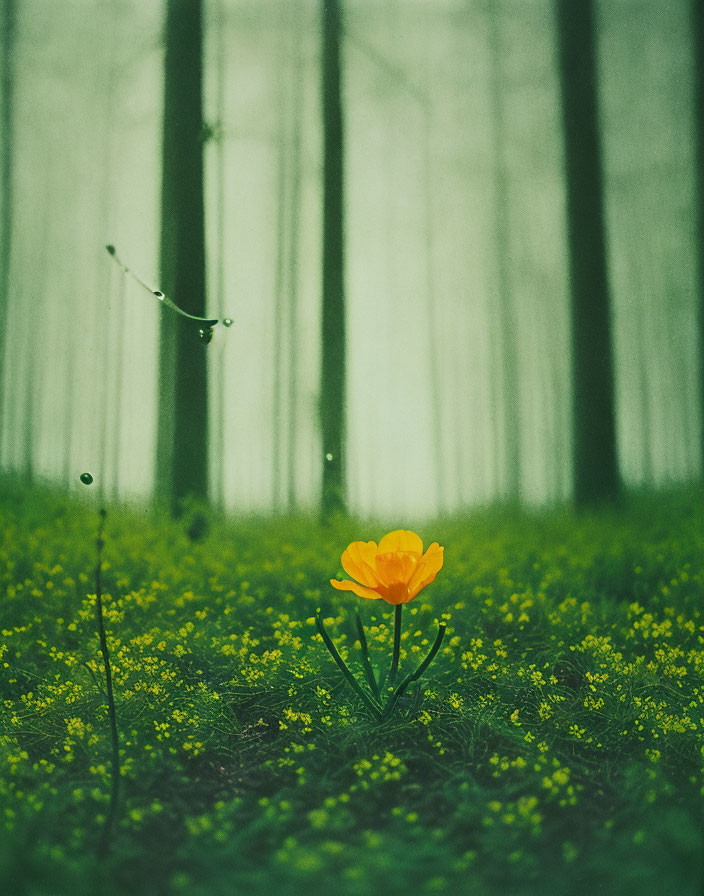 Vibrant Orange Flower Among Yellow Wildflowers in Misty Green Forest