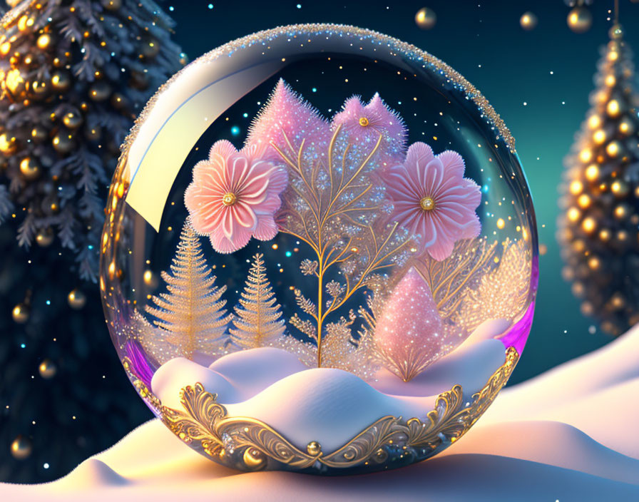 Snow globe with pink flowers, trees, and snowy pines on wintry night backdrop