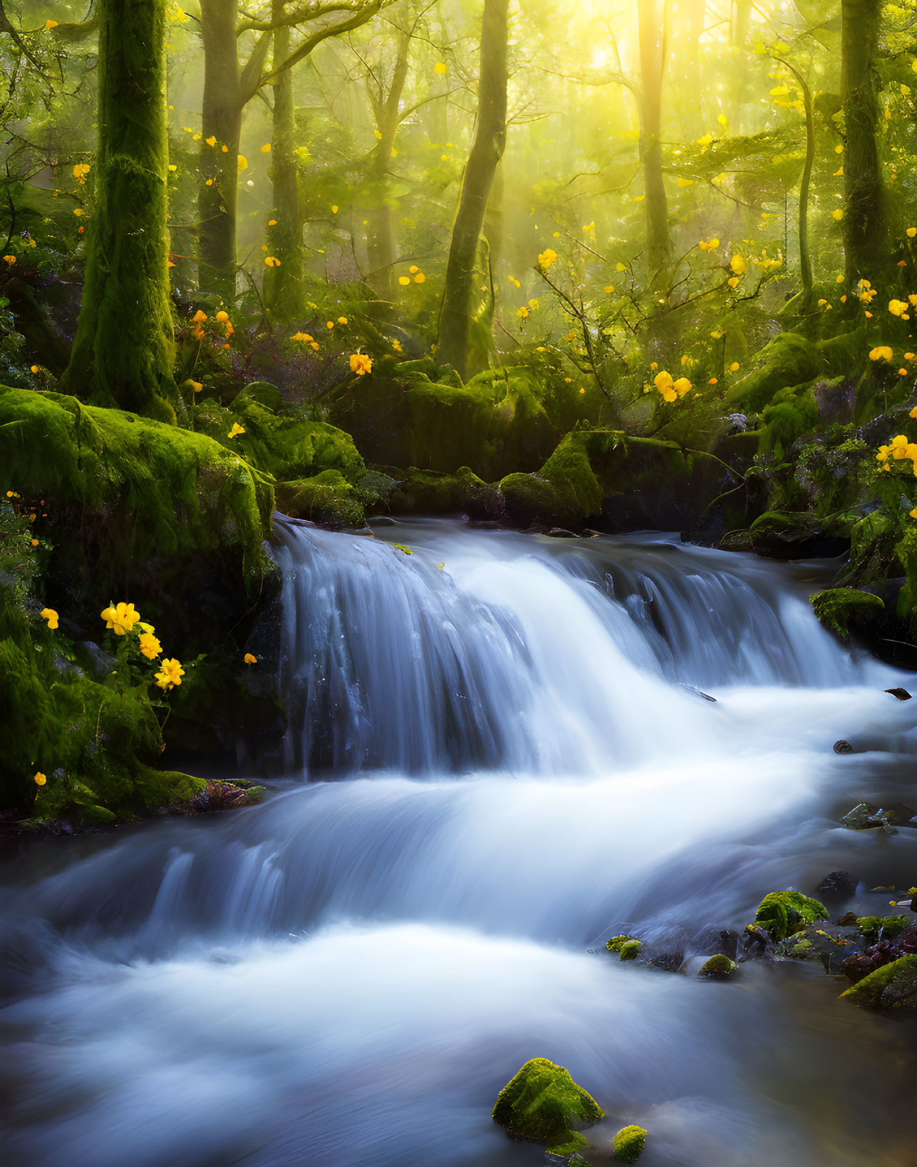 Lush forest with yellow flowers and cascading waterfall