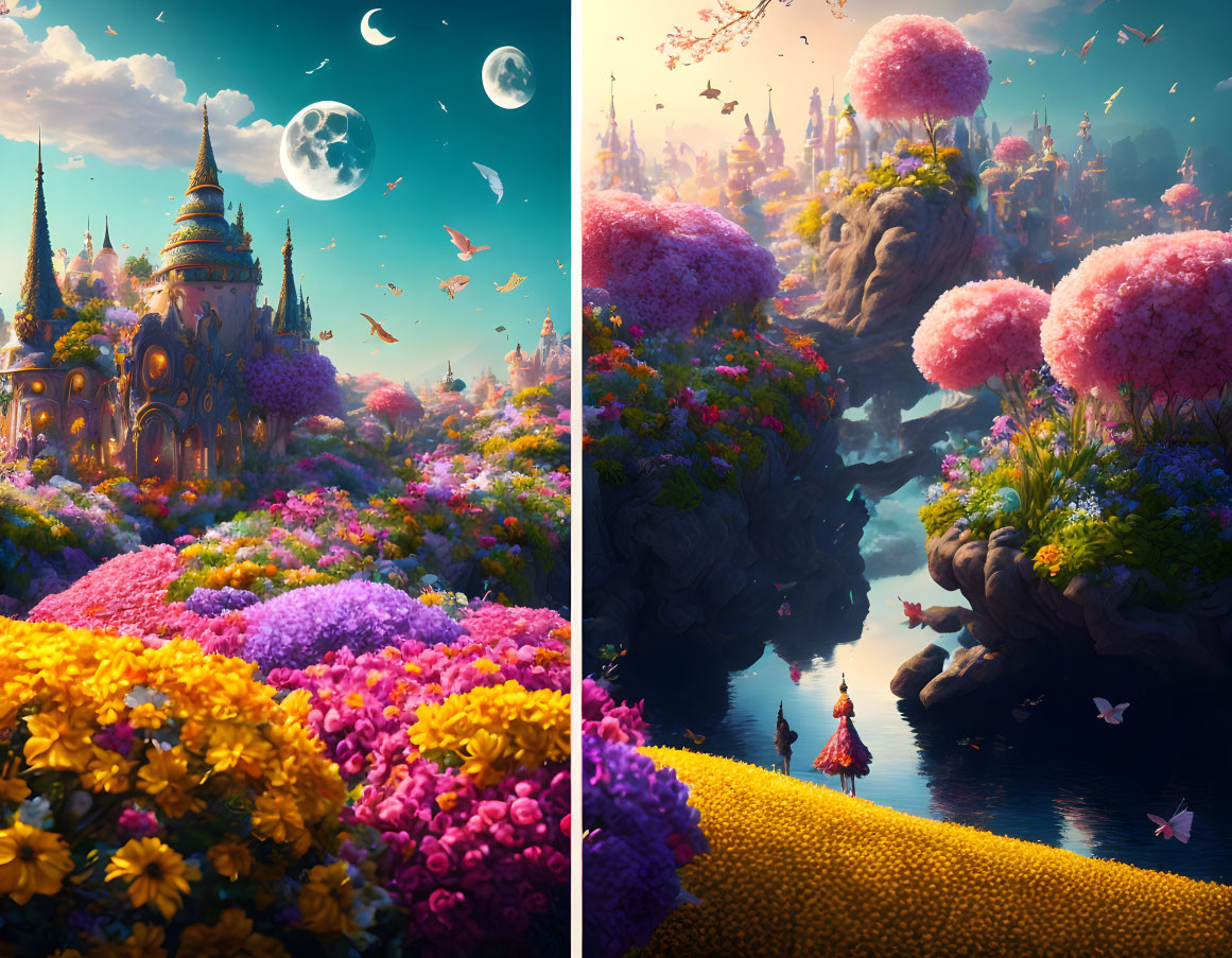 Vibrant castle in fantastical landscape with pink cliffs and two moons