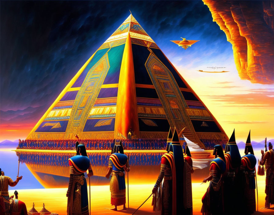 Fantastical Egyptian scene with pyramid, pharaohs, and ethereal river