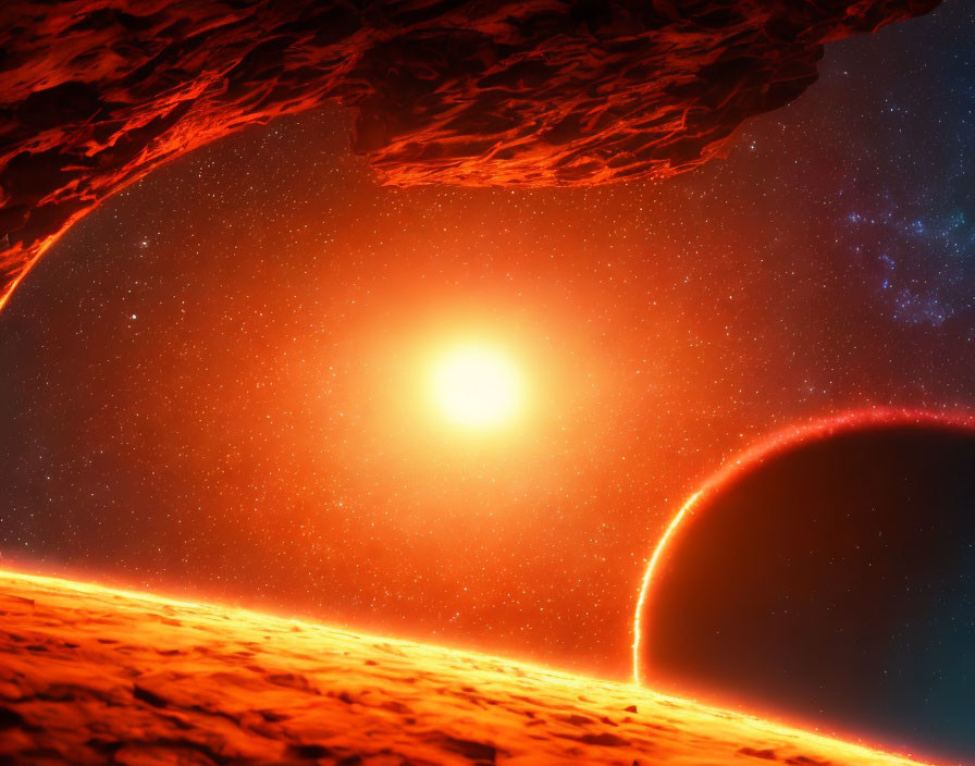 Colorful sunset over rocky alien planet with starlit sky