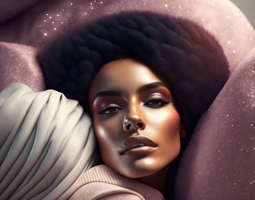 Digital artwork: Woman with cosmic afro hairstyle in starry background