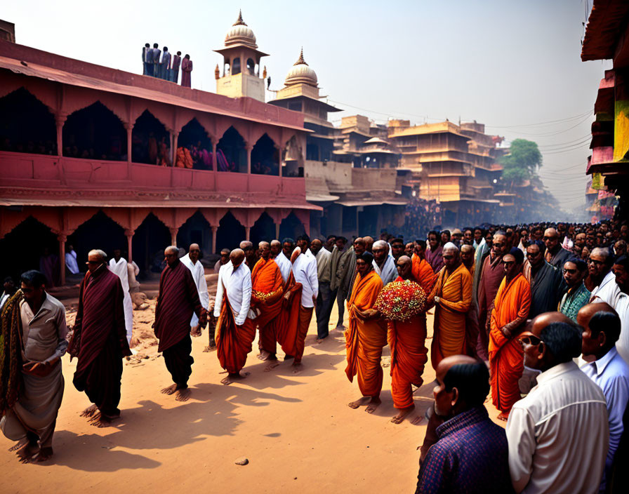 Monks in Saffron Robes Procession Through Dusty Street