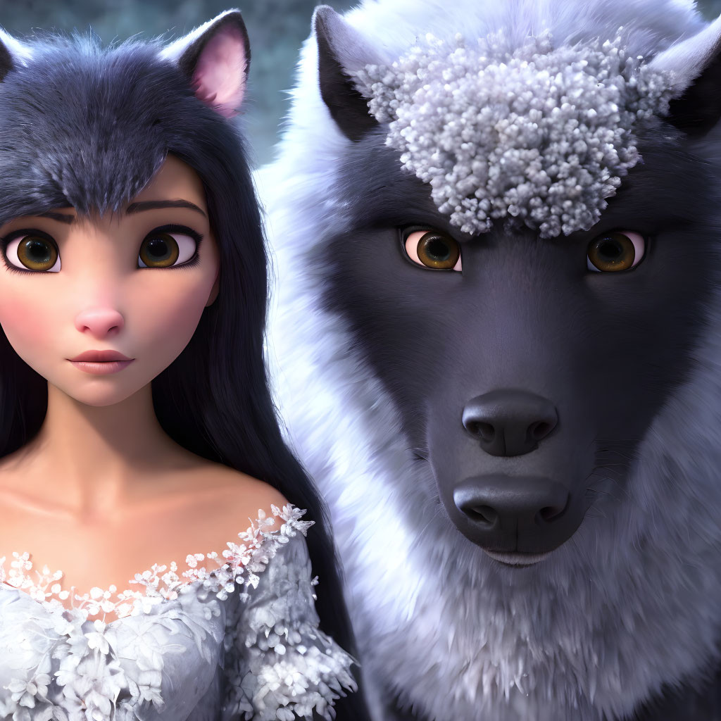 Digital artwork of girl with wolf-like features and large wolf side by side