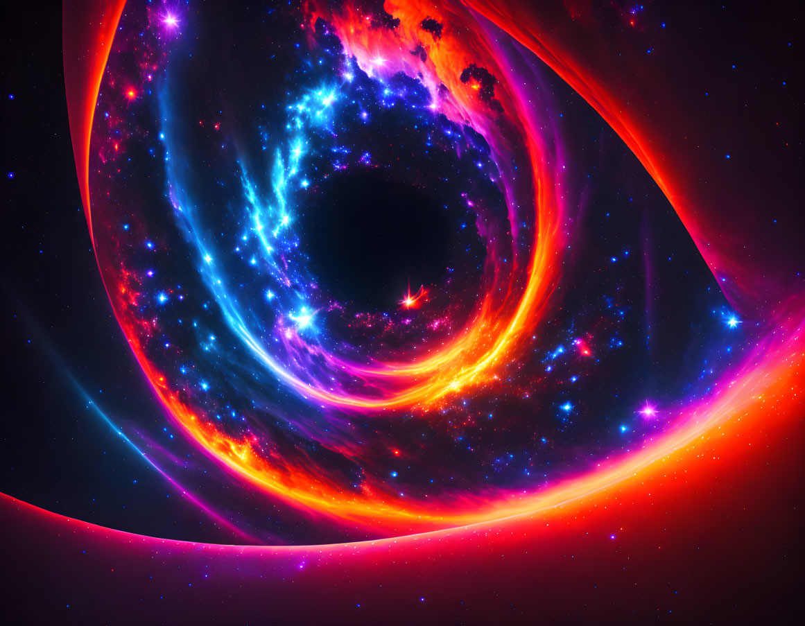 Colorful Spiraling Galaxy in Blue, Red, and Purple Amidst Stars