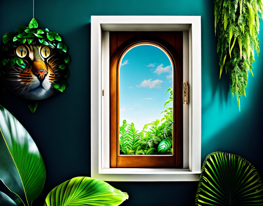 Surreal image of open window overlooking lush greenery and stylized cat with leaf patterns