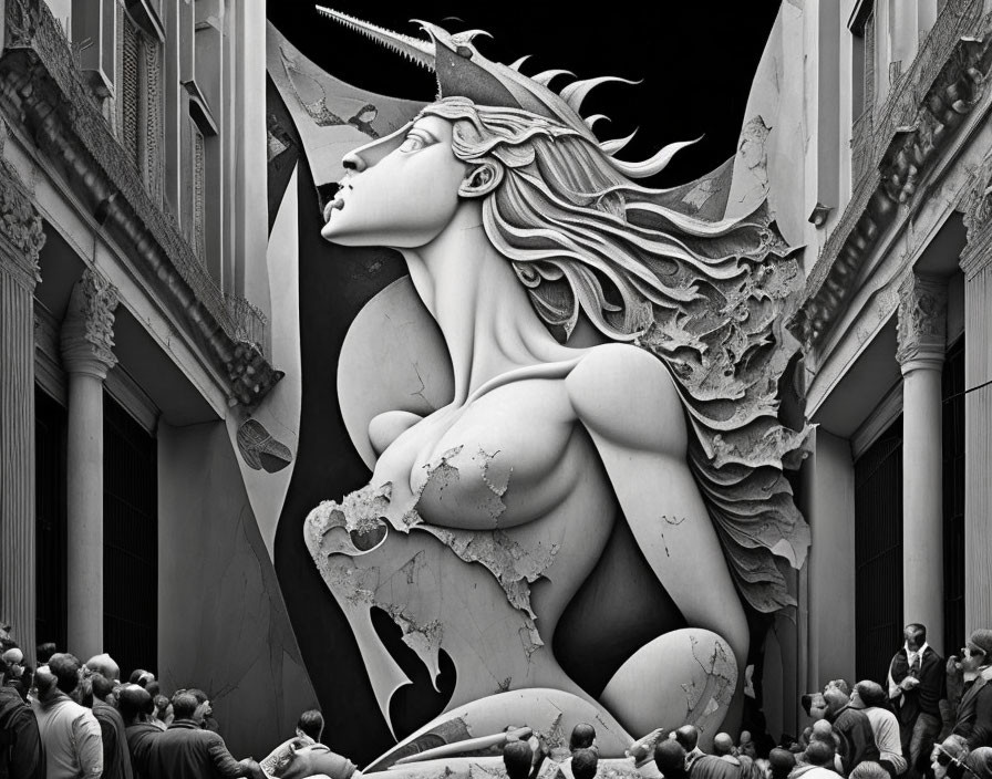 Monochrome crowd viewing surreal mythical mural