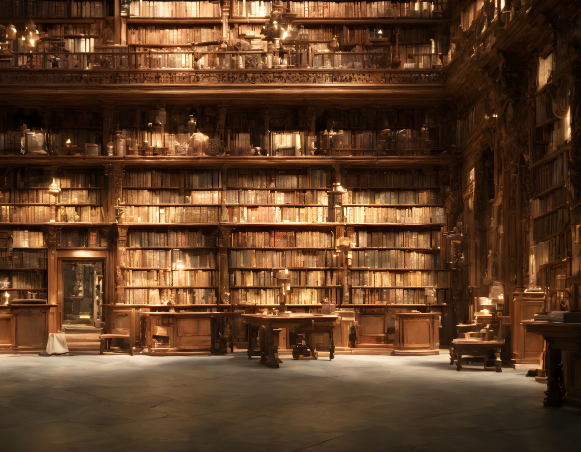 Spacious dimly lit library with wooden bookshelves