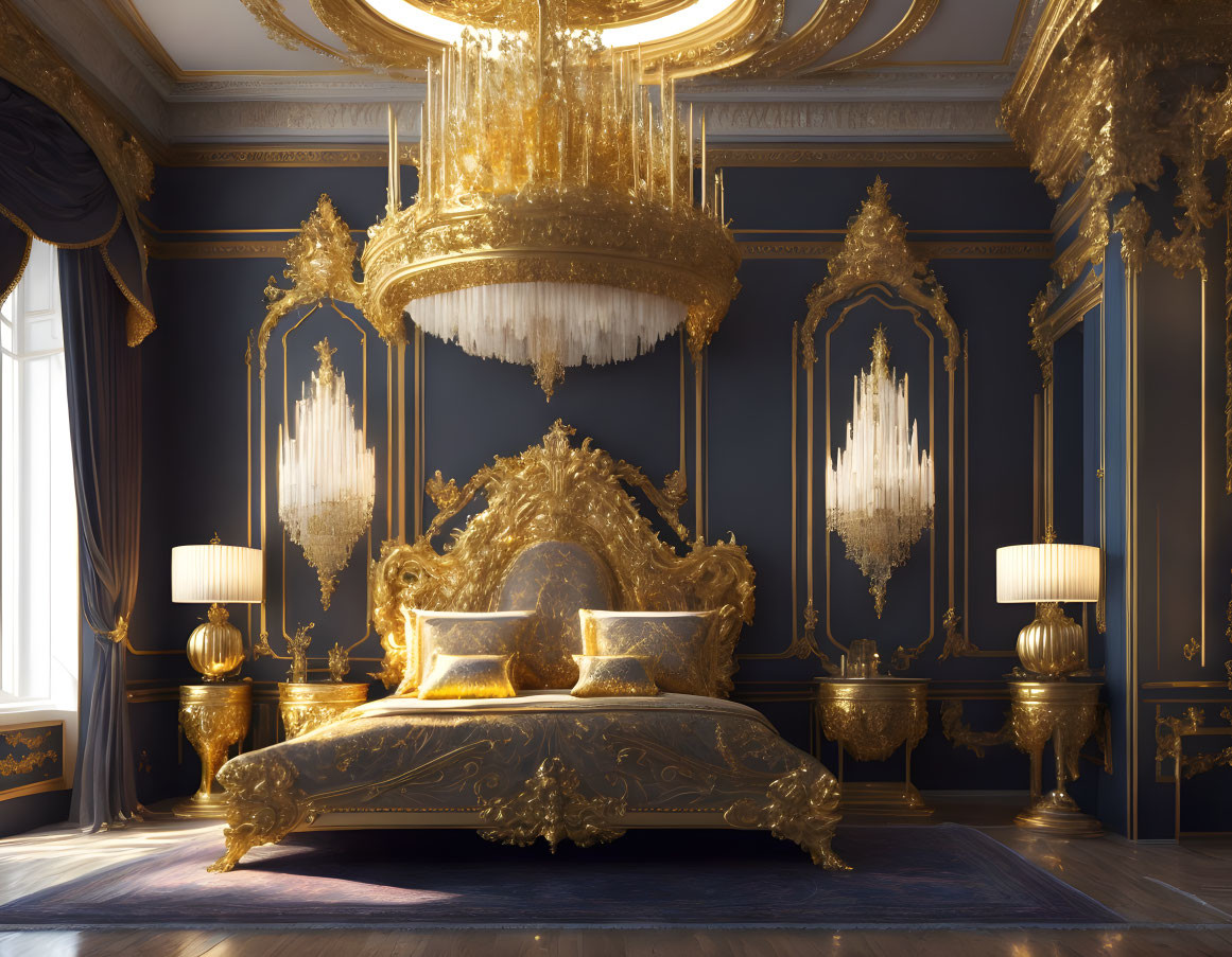 Luxurious Bedroom with Gold-Accented Bed and Crystal Chandeliers