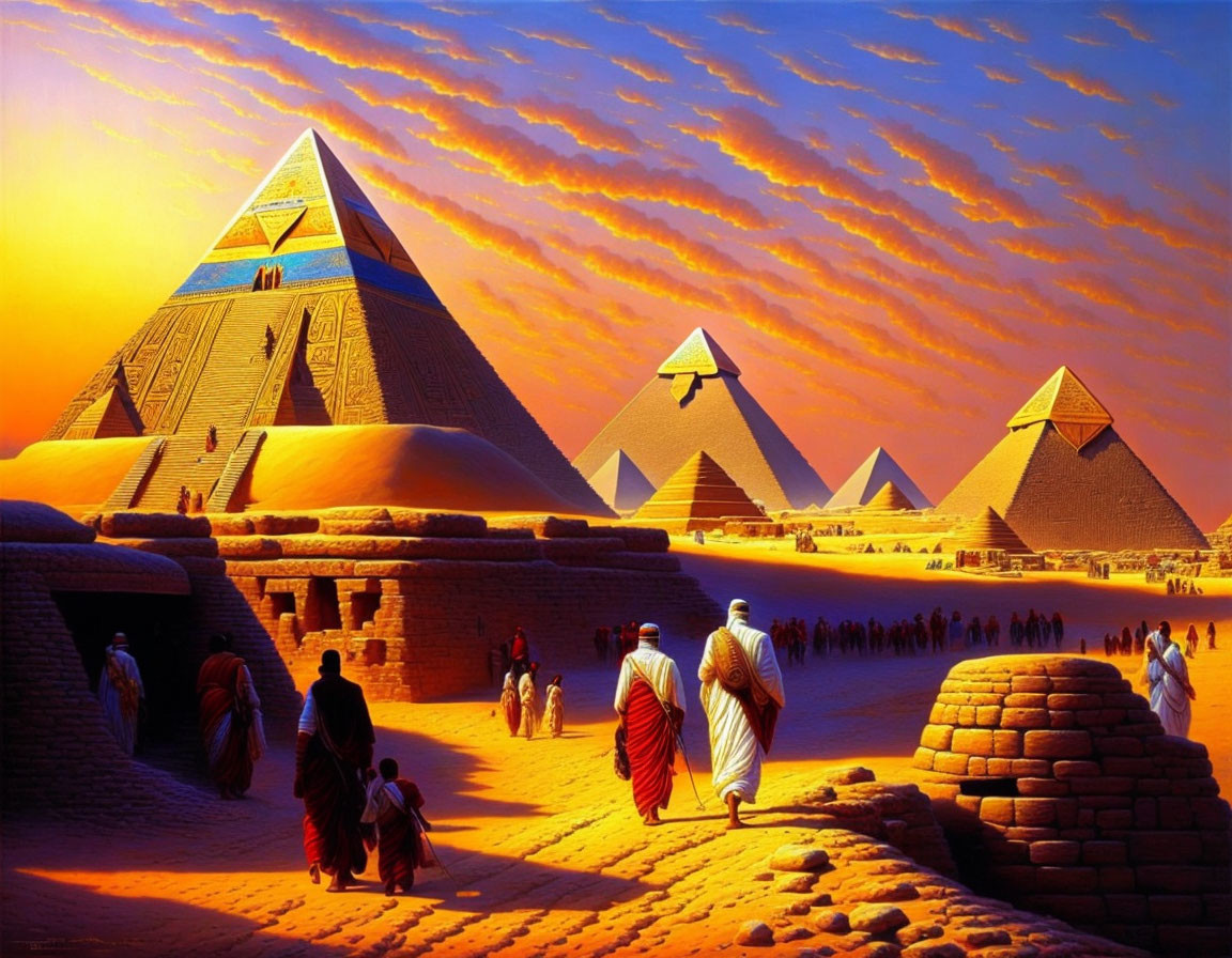 Iconic Egyptian pyramids at sunset with historical figures walking.