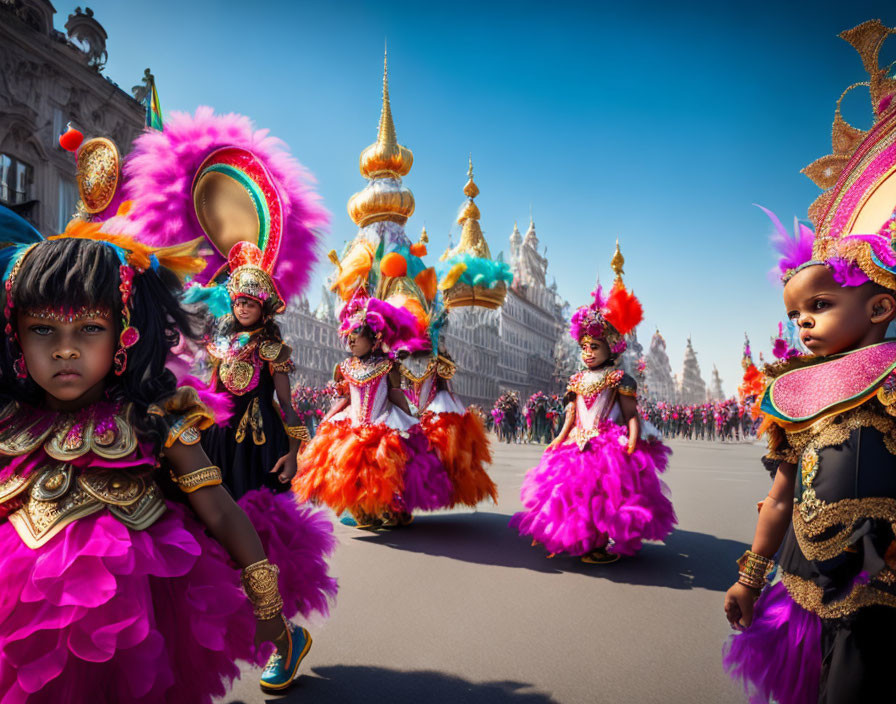 Colorful children in feathered costumes parade in front of historical buildings