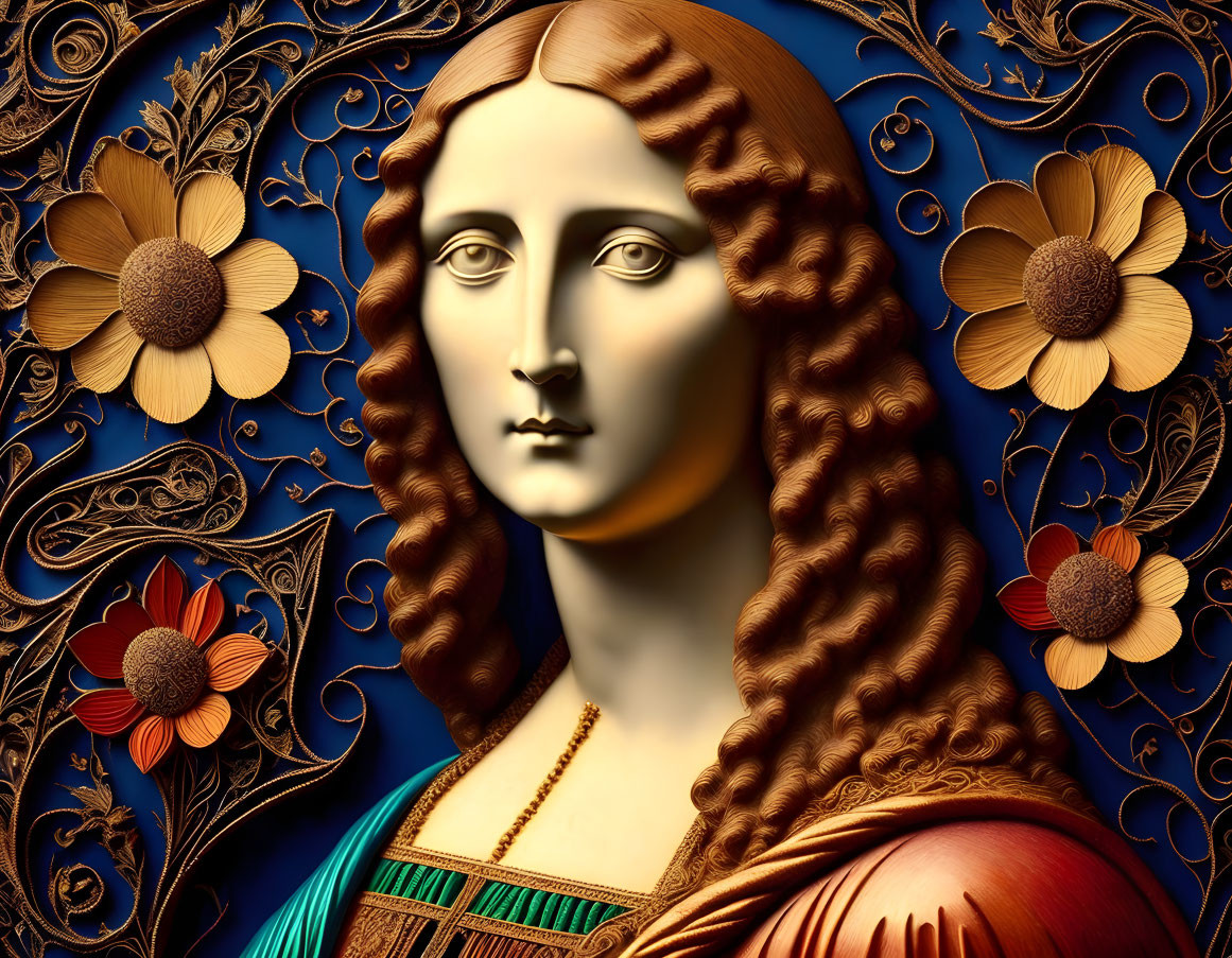 Colorful digital art: Mona Lisa with floral patterns & stylized background