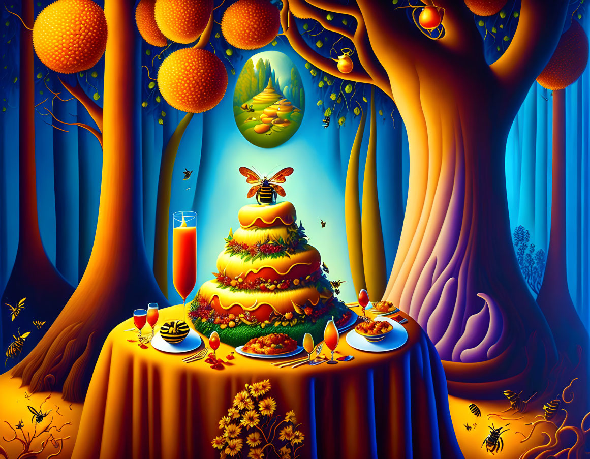 Whimsical scene: Table under tree with honeycomb cake, bees, oranges, mystical backdrop