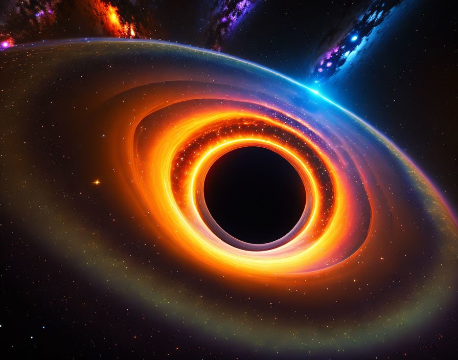 Colorful swirling black hole with glowing accretion disk in starry cosmos