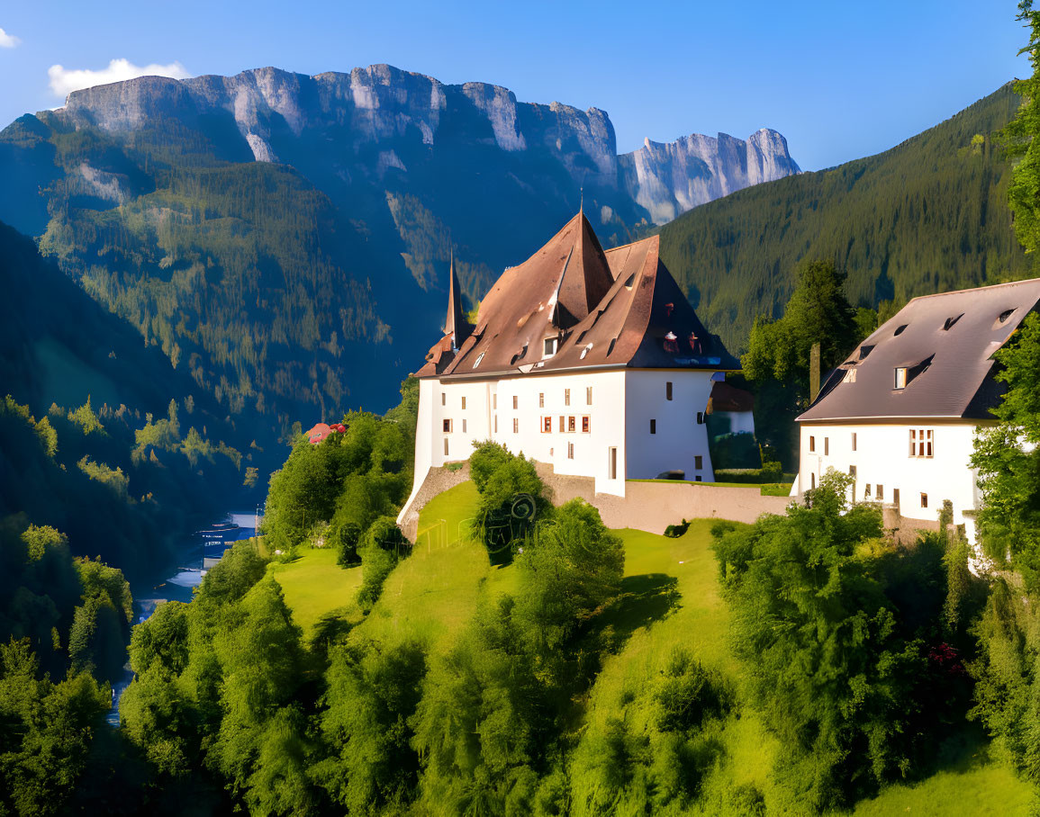 White Castle with Red Roof on Green Hillside Amid Forested Mountains