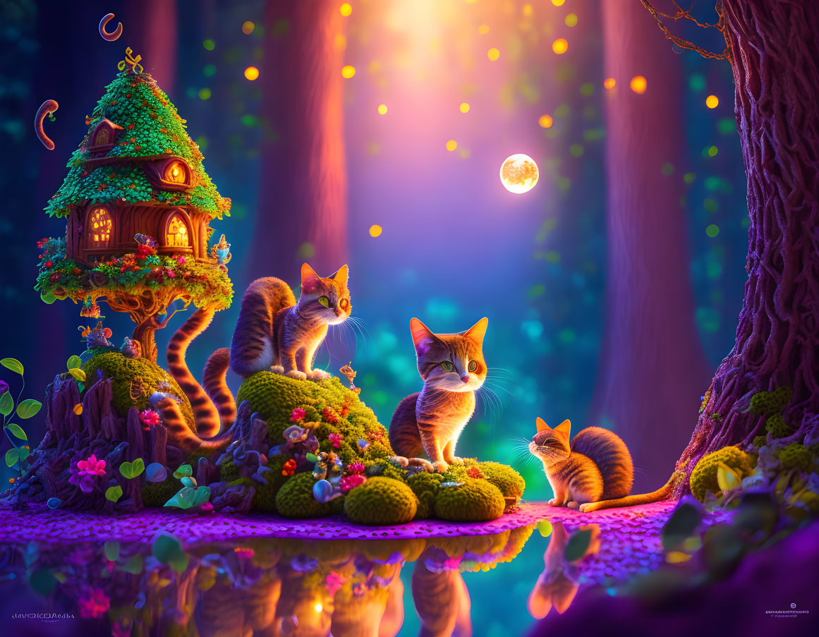 Three Cats Observing Light Orb in Enchanted Forest