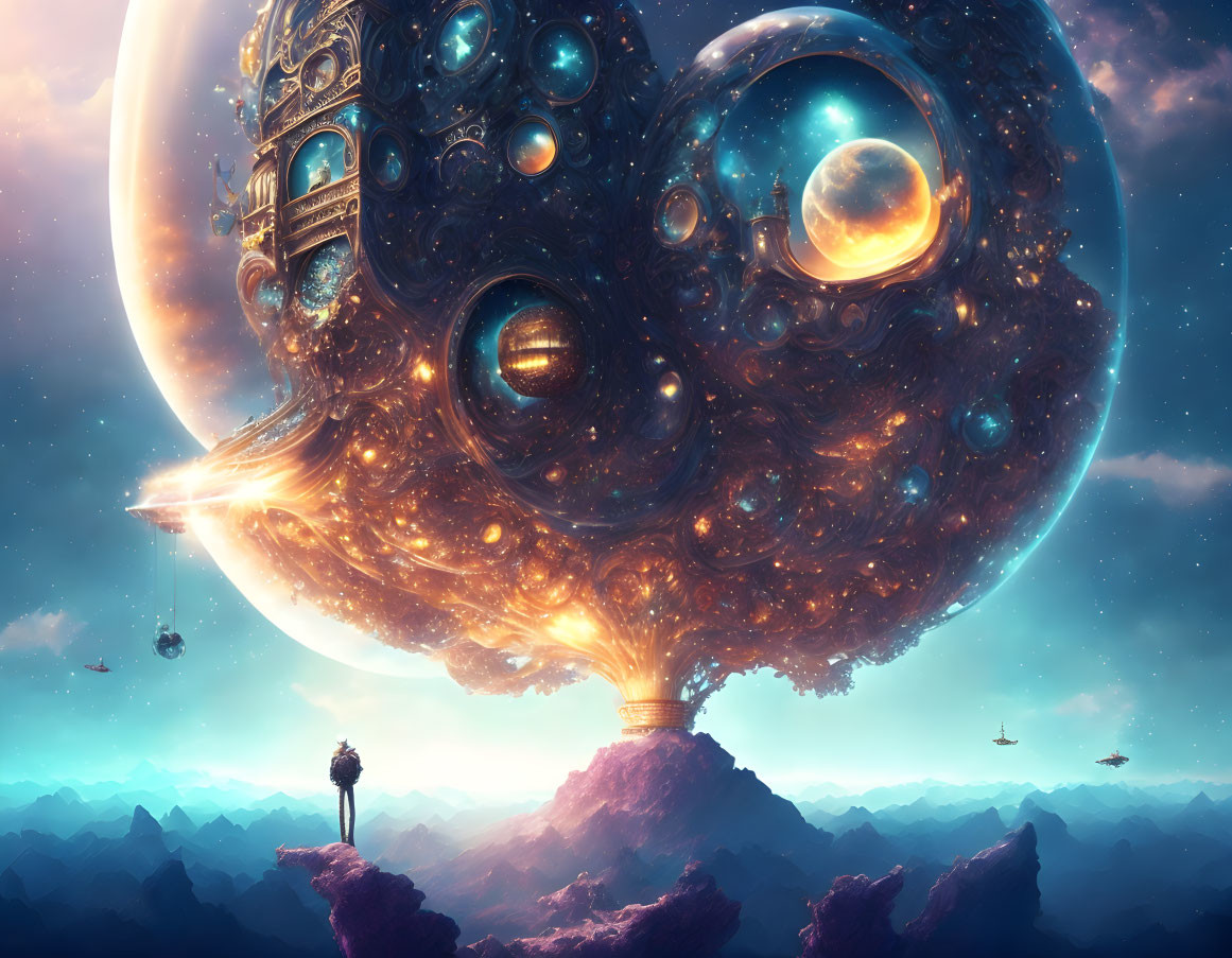 Surreal cosmic scene with floating structure, moons, stars, and airships