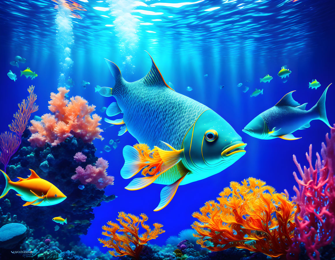 Colorful underwater scene with large fish, vibrant coral, and sunbeams.