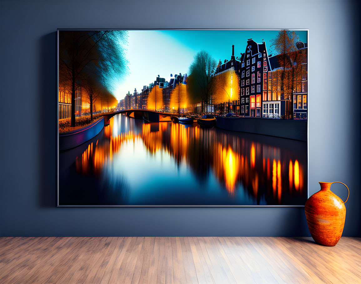 Panoramic evening canal scene with illuminated buildings and trees reflected on water in a room display