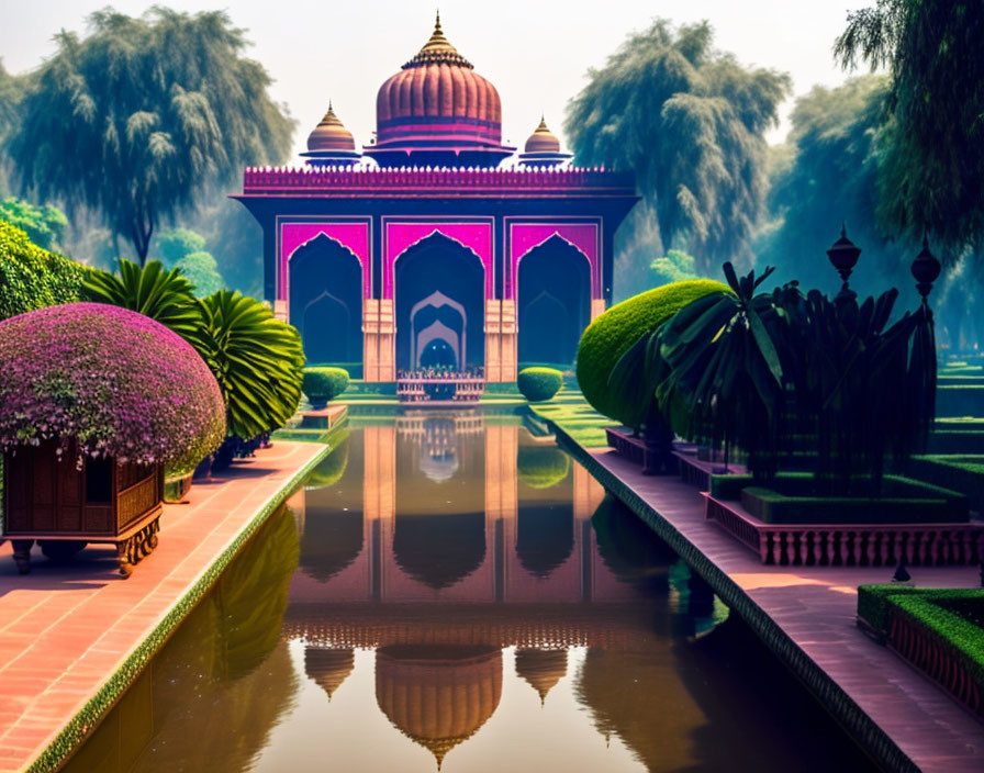 Symmetrical Garden with Water Feature and Archway under Hazy Sky