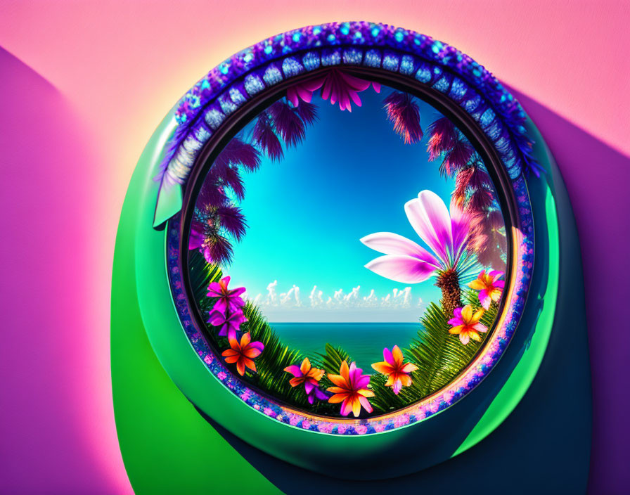 Circular Frame with Jewels Surrounding Tropical Palm Trees and Flowers