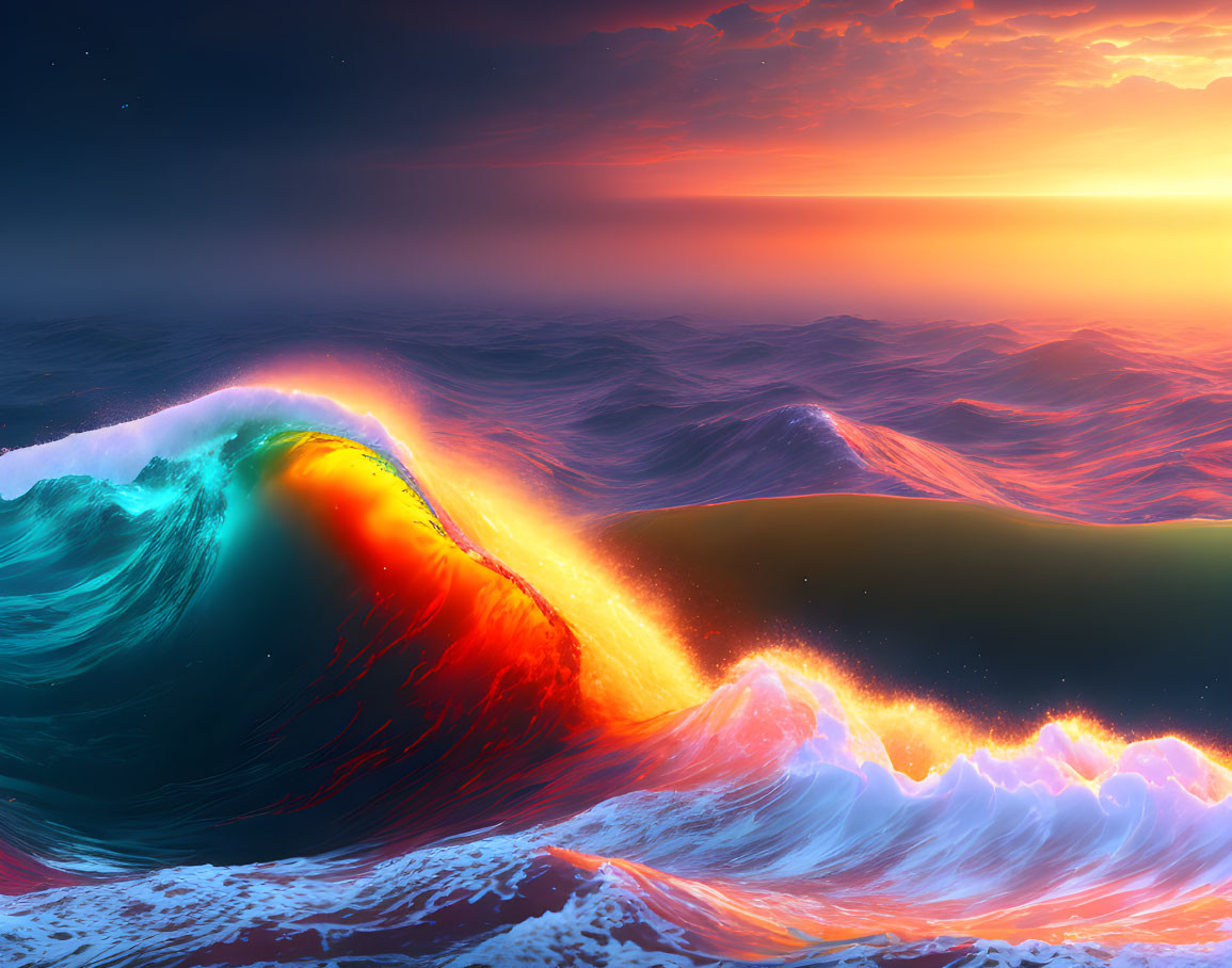 Vibrant ocean scene with glowing wave against dramatic sunset sky