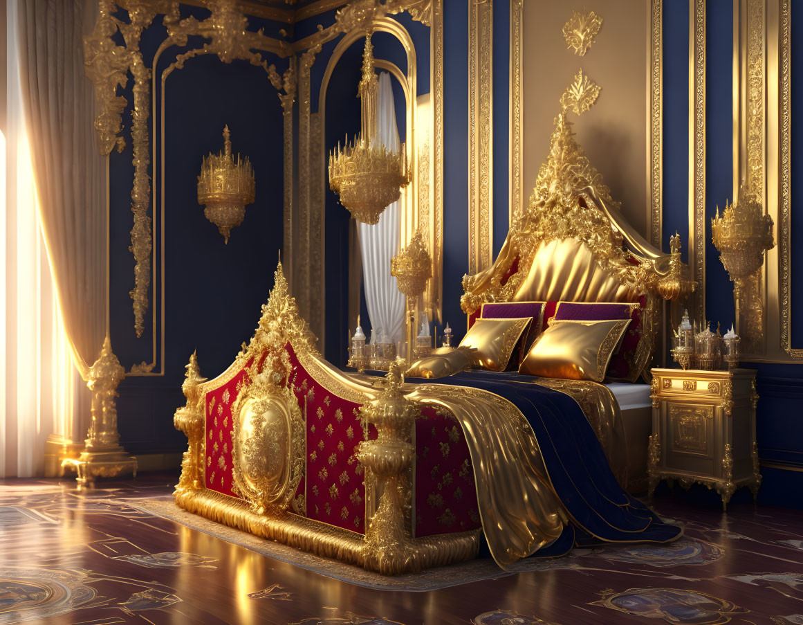 Luxurious Royal Bedroom with Gold-Trimmed Bed and Ornate Decor