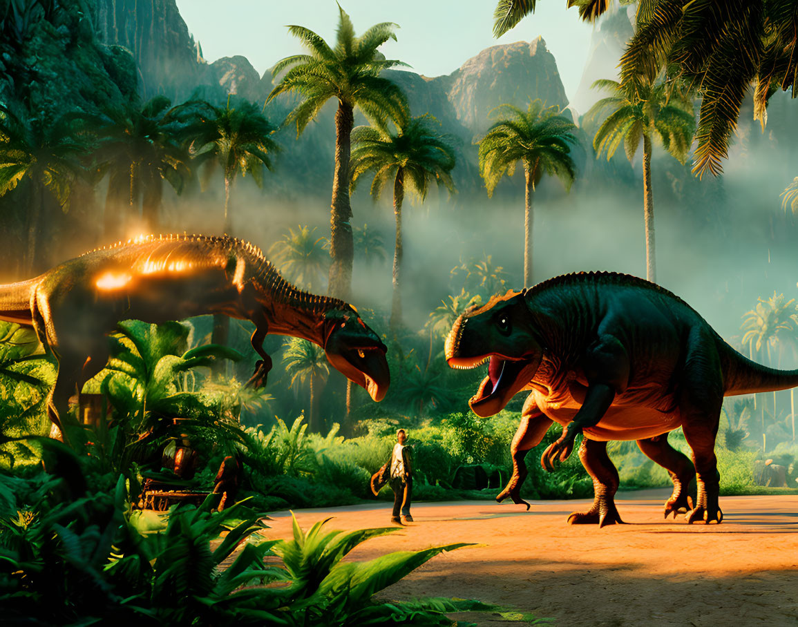 Person between two large dinosaurs in lush prehistoric jungle at sunrise