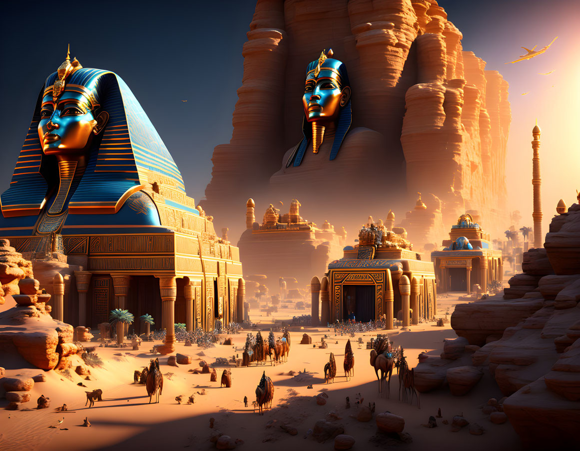 Desert landscape with Ancient Egyptian monuments and travelers