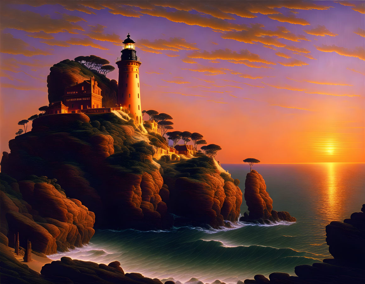 Scenic sunset view of lighthouse on cliff with crashing waves