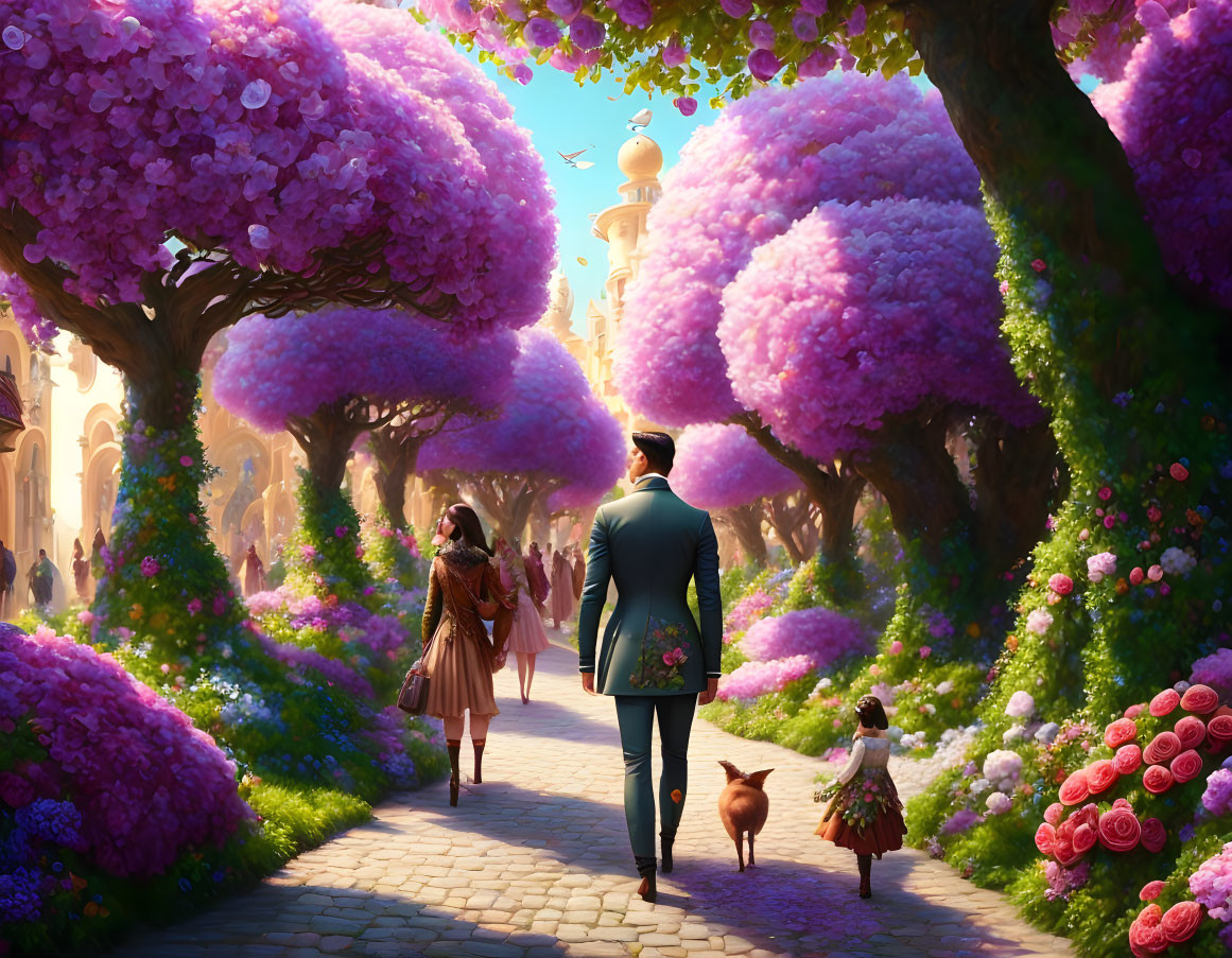 Family walking on sunlit path lined with pink trees and flowers near ornate buildings