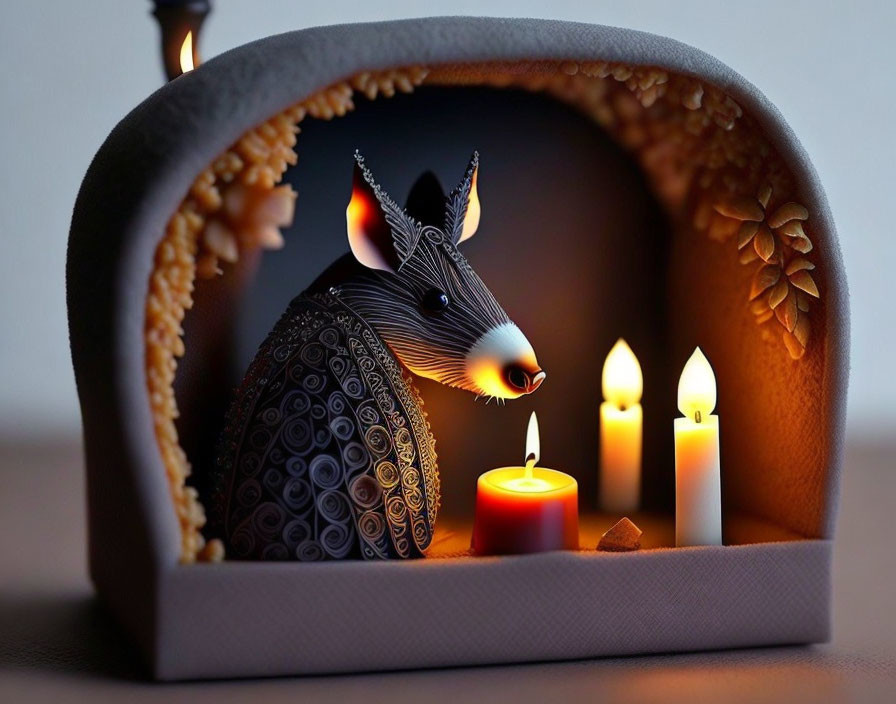 Stylized badger sculpture in decorative arch with warm candlelight