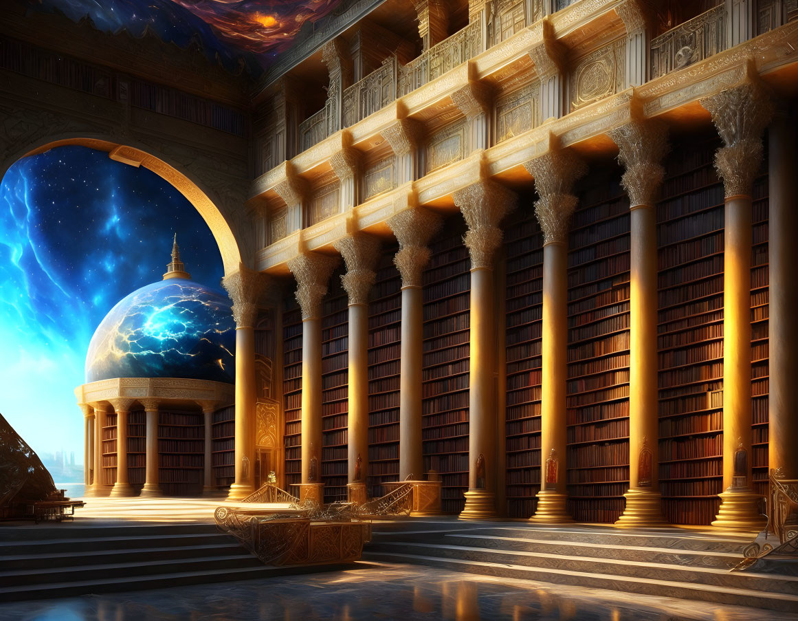 Spacious library with towering bookshelves and celestial view