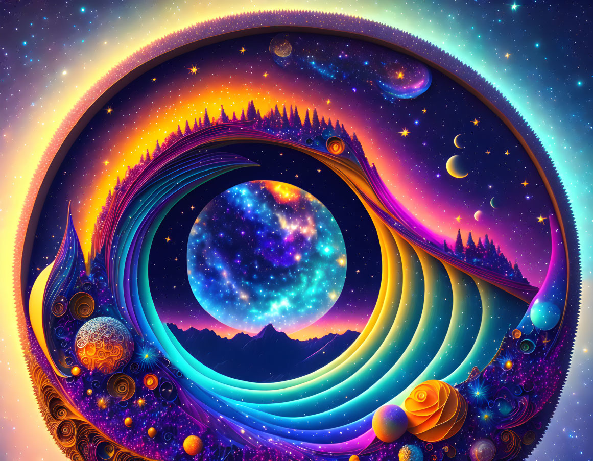 Colorful Digital Artwork: Fantastical Cosmic Landscape with Galaxies, Stars, Planets,