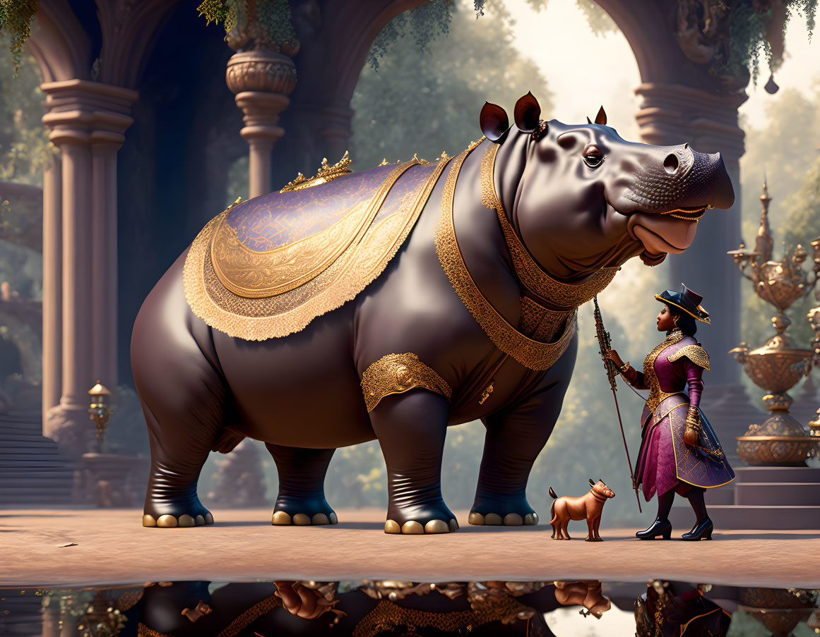 Ornately dressed hippo, man, and dog in majestic setting