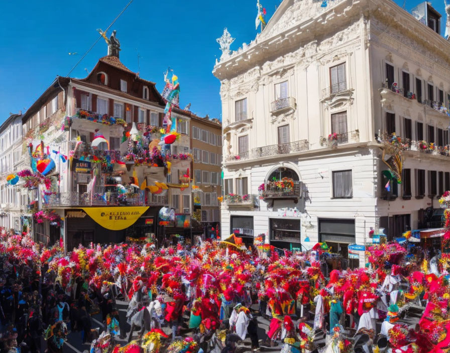 Colorful Street Parade with People in Costumes and Red Feathered Headdresses on Sunny Day