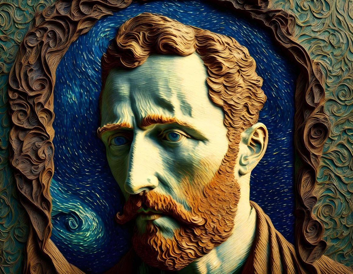 Ginger-bearded man in pensive pose on Van Gogh-style backdrop