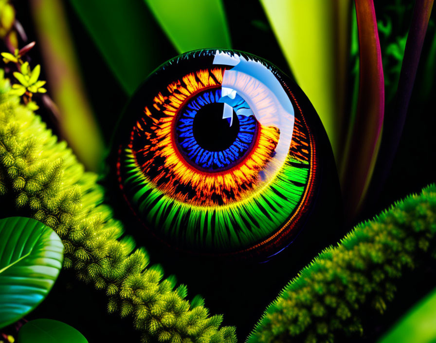 Detailed Digital Artwork: Large Eye with Fiery Iris in Green Foliage