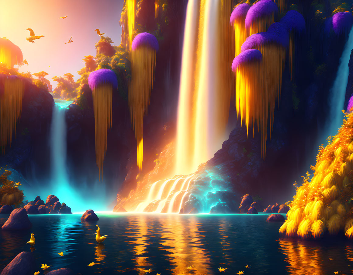 Enchanting landscape with glowing plant life, jellyfish-like trees, and serene lake