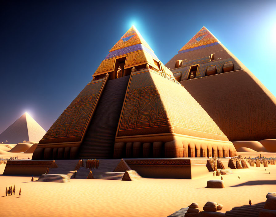 Detailed Futuristic Pyramids in Sunlit Desert Landscape