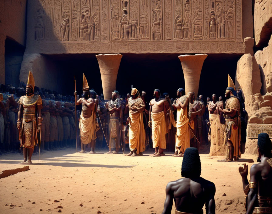 Ancient Egyptian figures at Abu Simbel temple with Pharaohs and soldiers.