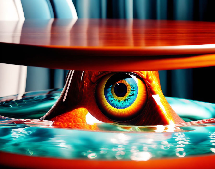 Colorful human eye peering through slit on shiny surface reflecting water ripple.